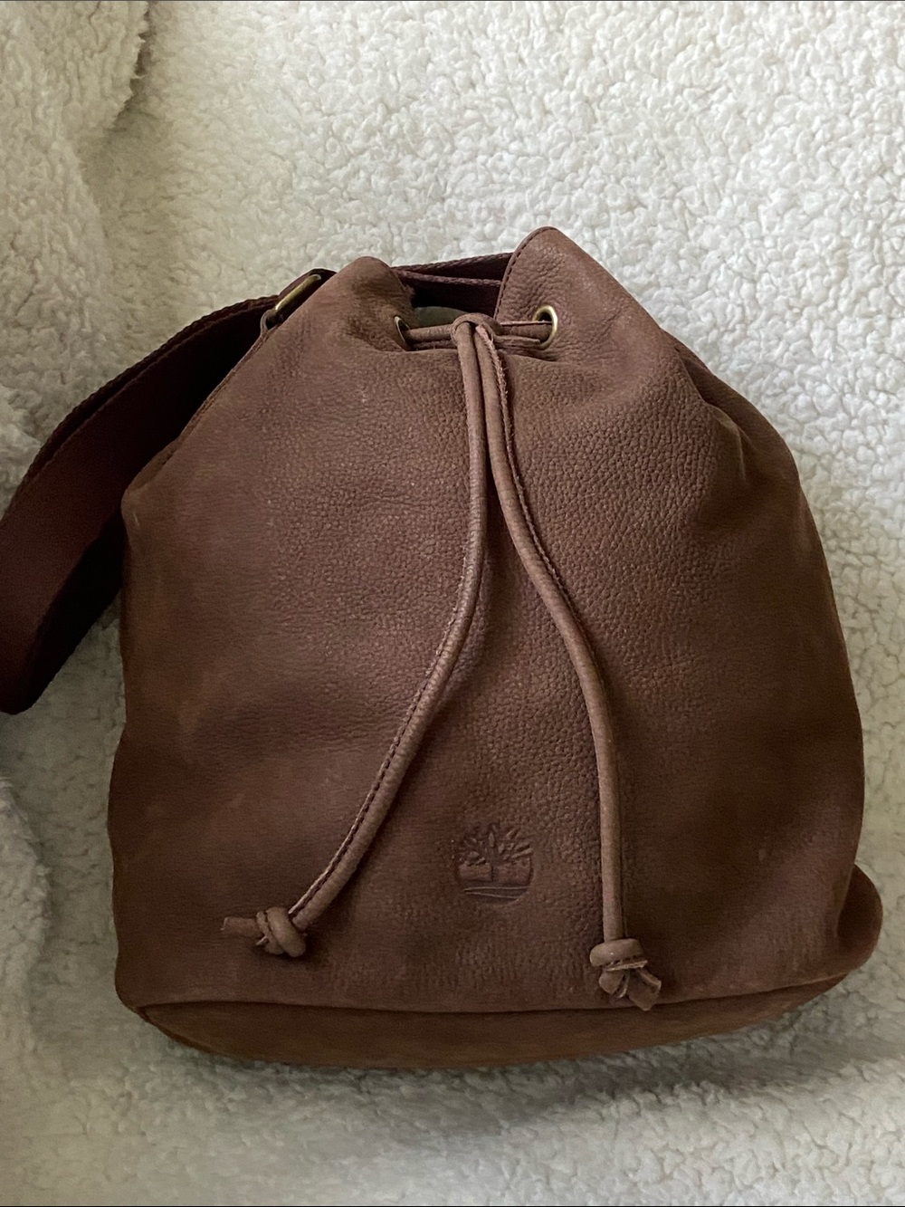 Vintage 90s Timberland Chestnut Brown Pebbled Leather Bucket Bag with Drawstring